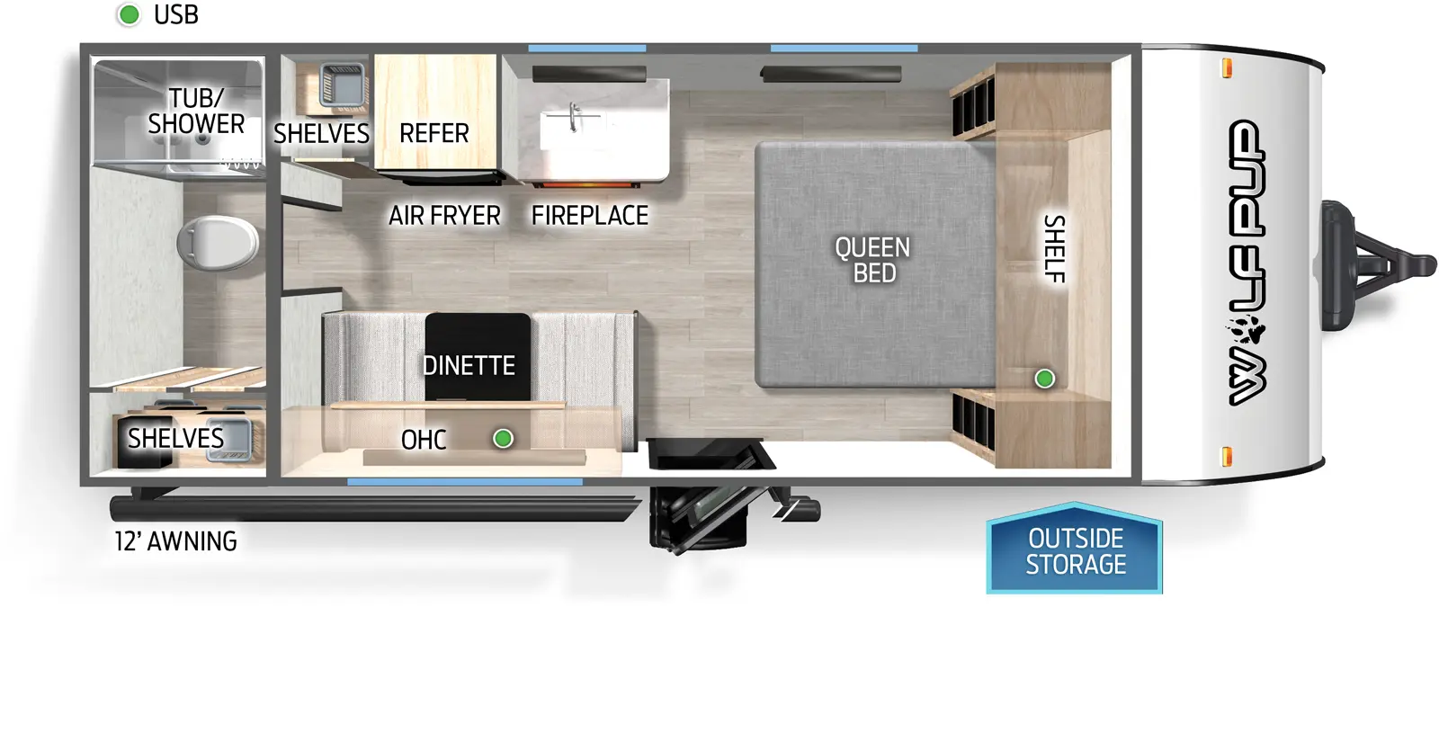 The Wolf Pup 17EV floorplan has one entry and zero slide outs. Exterior features include: metal exterior and 12' awning. Interiors features include: front bedroom and rear bathroom.